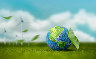 Dünya Günü Kavramı. Yeşil Enerji, Yenilenebilir ve sürdürülebilir Kaynaklar. Çevre ve Ekoloji. Dünya 'dan Yeşil Yaprak. Arka plan olarak Mavi Gökyüzü ve Rüzgar Türbini Jeneratörü.