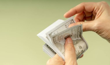 ABD dolarlarını sayan eller, finans, ödeme, bankacılık ve ekonomik işlemleri sembolize ediyor