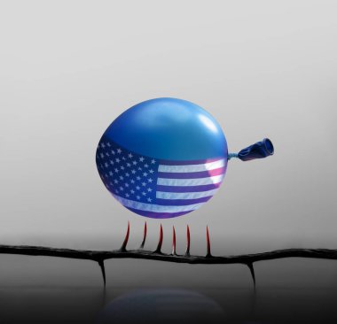 Amerikan bayrağının dalgalandığı balon, ABD 'de yükselen finansal riskleri, ekonomik krizleri ve yatırım belirsizliğini temsil eden keskin dikenlerin yanında yüzüyor.