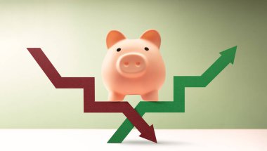 Domuz kumbarası, küresel piyasaların dalgalanmasını, mali belirsizliği ve küresel ekonomik değişimlerin, ticaret savaşlarının ve jeopolitik çatışmaların etkisini yansıtan kesişen kırmızı yeşil oklar üzerinde duruyor.