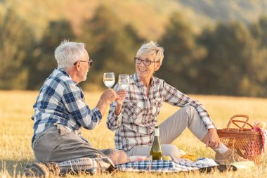Yaşlı çift dağlarda piknik yapıyor.