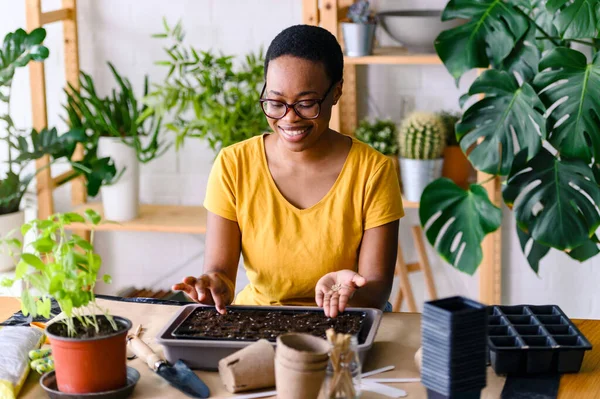Afrikansk Amerikansk Kvinna Florist Tar Hand Växter — Stockfoto