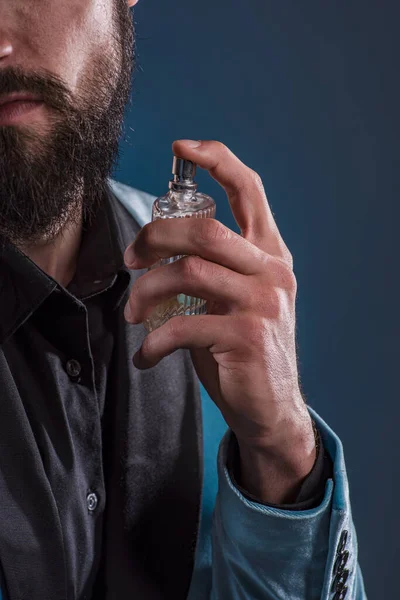 Beautiful Masculine Bearded Young Man Holding Bottle Fragrance Masculine Perfume — Stock Photo, Image