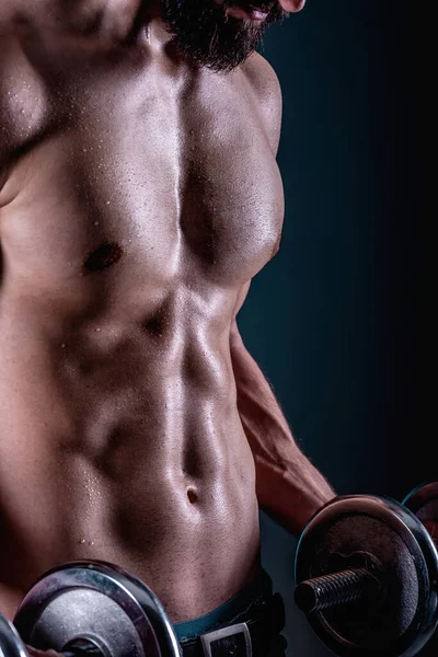 Kraftvoller Muskulöser Mann Der Gewichte Stemmt Schöne Männliche Bärtige Junge — Stockfoto