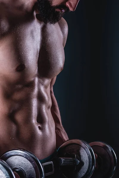 Kraftvoller Muskulöser Mann Der Gewichte Stemmt Schöne Männliche Bärtige Junge — Stockfoto