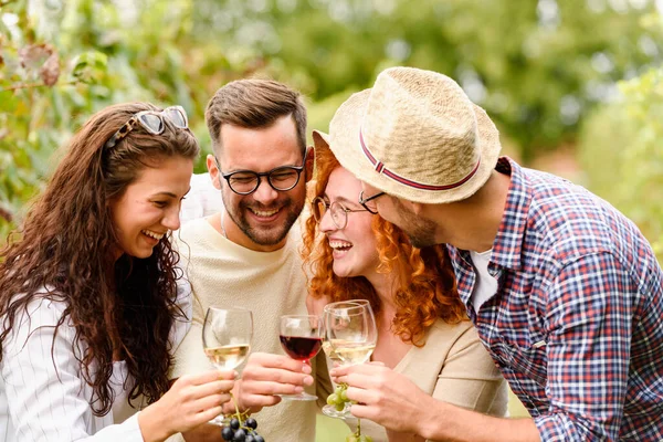 快乐的朋友在葡萄园喝酒 — 图库照片
