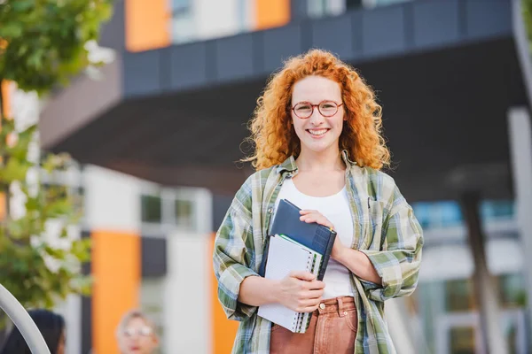 Portrait Beautiful Smiling Red Hair Student Girl Front University Building — Stock Photo, Image