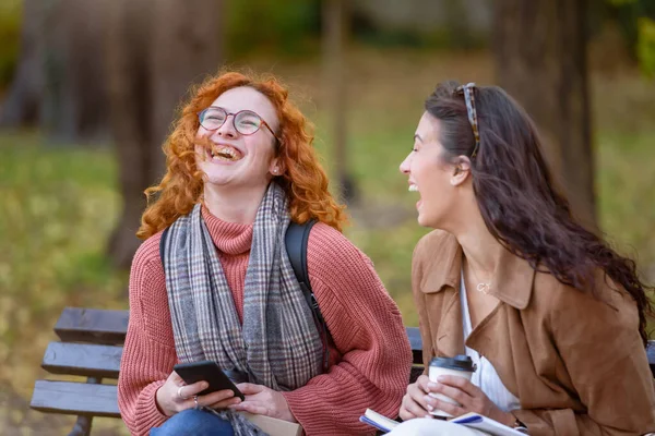 Women Talking Smiling While Sitting Park Chatting — Stock Photo, Image