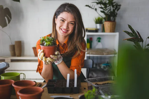 Happy Young Woman Enjoys Time Her Home Garden Seed Starting — Stock Photo, Image