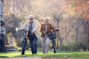 Bisikletleriyle parka gidip eğlenen neşeli, aktif son sınıf çifti. Yaşlılar için mükemmel aktiviteler. Parkta bisiklet süren mutlu, olgun bir çift.