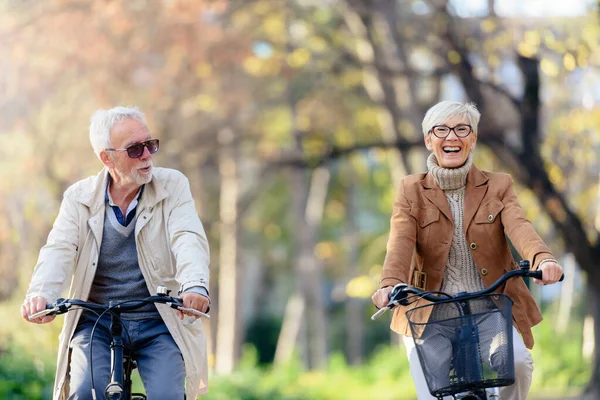 Cheerful active senior couple with bicycles in public park together having fun. Perfect activities for elderly people. Happy mature couple riding bicycles in park