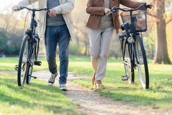 快乐活泼的一对老夫妇 在公园里骑着自行车 在一起玩得很开心 老年人的完美活动 一对成熟的夫妇在公园里骑自行车快乐 — 图库照片