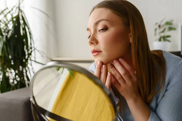 Young Beautiful Woman Looking Herself Mirror Home Worried Acne Problems — Stock Photo, Image