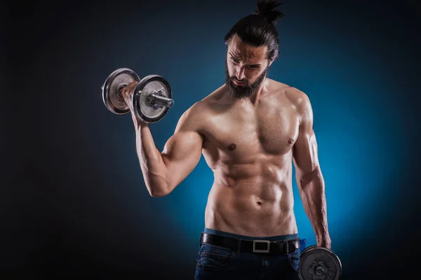 Powerful Muscular Man Lifting Weights Beautiful Masculine Bearded Young Hipster — Stock Photo, Image