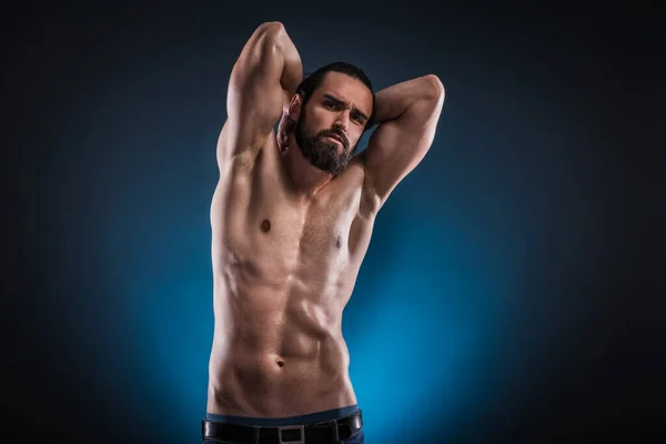 Studio Portrait Beautiful Masculine Bearded Shirtless Man Showing His Abdomen — Stock Photo, Image