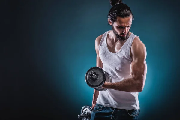 Powerful Muscular Man Lifting Weights Beautiful Masculine Bearded Young Hipster — Stock Photo, Image