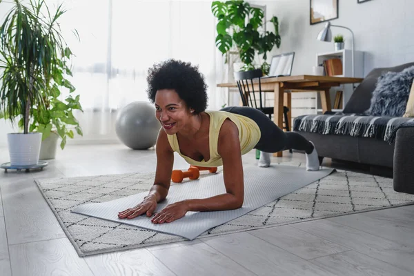 African American Woman Doing Exercises Floor Her Home Trying Stay — Stock Photo, Image