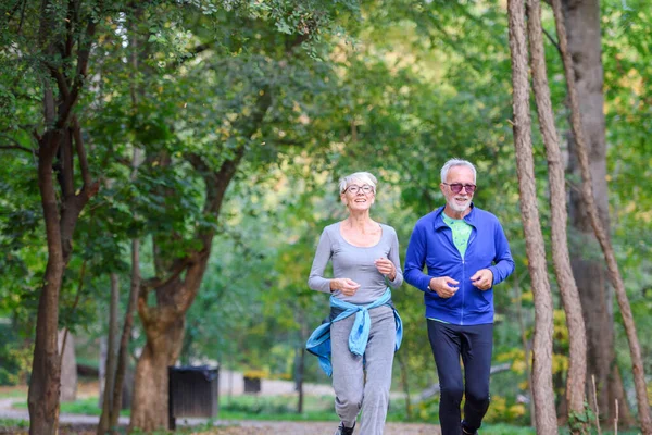 Joyeux Jogging Couple Senior Actif Dans Parc Faites Exercice Ensemble — Photo