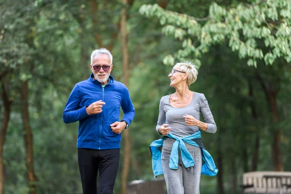 Cheerful Active Senior Couple Jogging Park Exercise Together Stop Aging — Stock Photo, Image