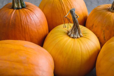 Bir sürü turuncu renkli balkabağı, balkabağı pastası, pasta ve Cadılar Bayramı için dekorasyon için hazır. Sonbahar arkaplanı
