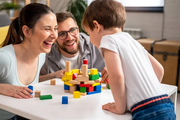 Young Family Playing Toy Wooden Blocks Home — Stock Photo, Image
