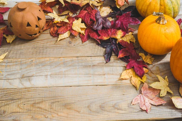 Cadılar Bayramı Sonbahar Tebrik Kartı Renkli Yapraklar Balkabakları Fenerle Dolu — Stok fotoğraf