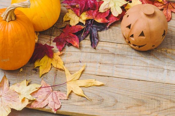Halloween Autumn Background Greeting Card Colorful Leaves Pumpkins Lantern Orange — Stock Photo, Image