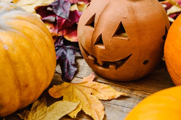 Halloween Herbst Grußkarte Mit Bunten Blättern Kürbissen Und Laterne Orange — Stockfoto