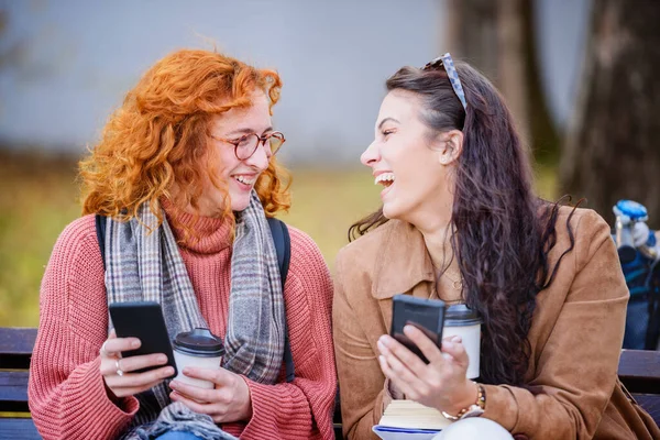 Duas Mulheres Amigas Usando Telefone Livre — Fotografia de Stock