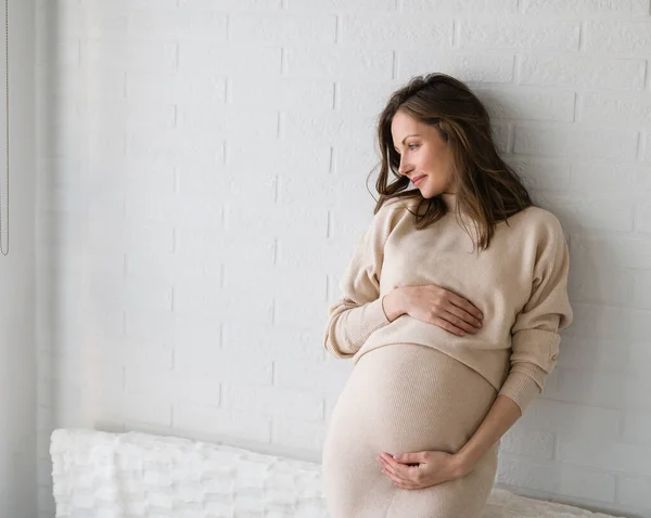 Genç, güzel, hamile bir kadının portresi.