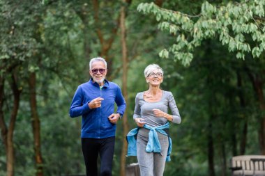 Mutlu yaşlı çift parkta koşuyor.