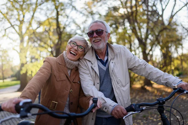 Couple Sénior Avec Vélos Dans Parc — Photo
