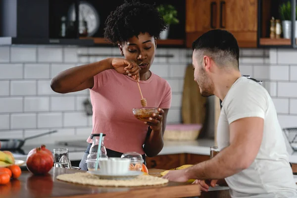 Mixed Raced Couple Preparing Healthy Breakfast — Stock Photo, Image
