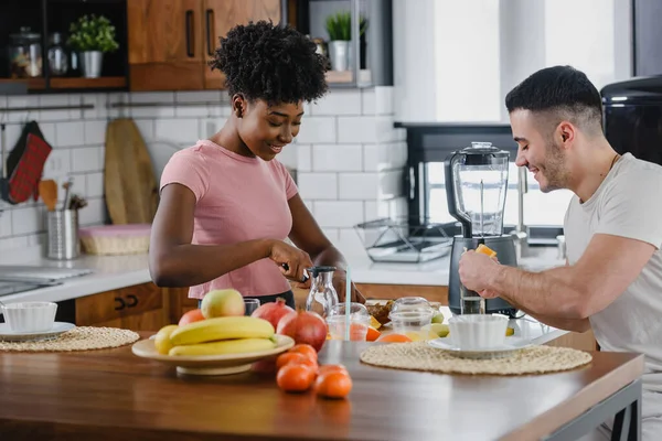 Mixed Raced Couple Preparing Healthy Breakfast — Stock Photo, Image