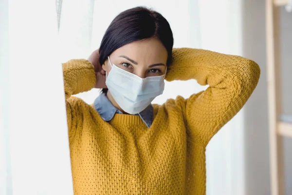 Stock image close up portrait of woman in protective mask 