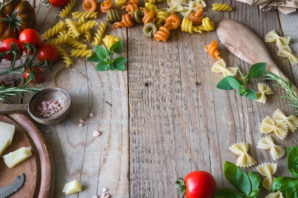 Ingredients Tomato Pasta Wooden Table — Stock Photo, Image
