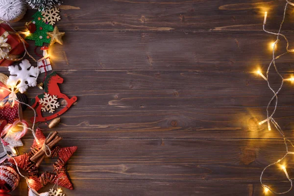 Різдвяний Фон Прикрасами Дерев Яній Поверхні — стокове фото