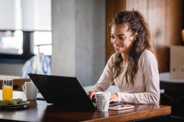 Güzel melez kadın uzaktan çalışıyor.