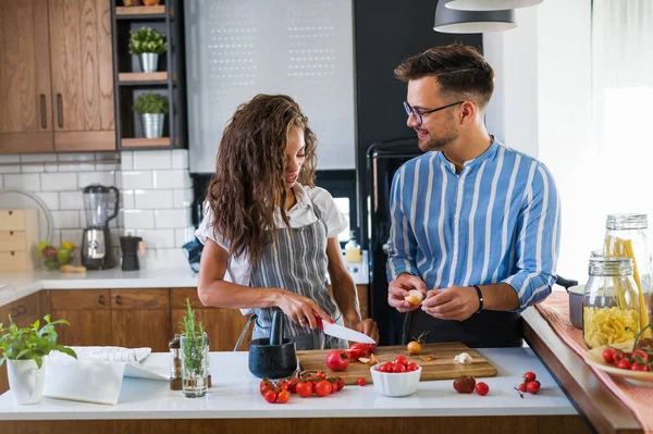 Beautiful Young Couple Love Kitchen Cooking Together — Stock Photo, Image