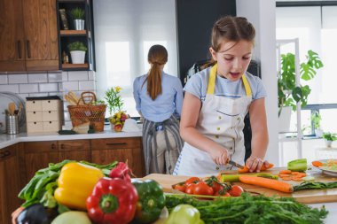 Kız mutfakta yemek pişiriyor, yemek hazırlıyor, sağlıklı bir yaşam tarzına hazırlanıyor.