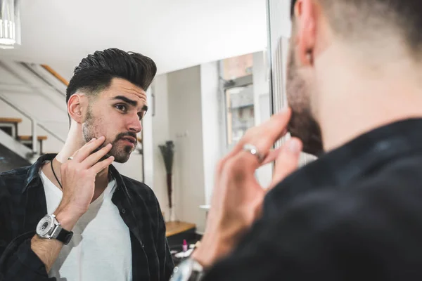Young Handsome Man Looking Mirror Barbershop — Stock Photo, Image