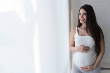 Pencerenin yanında poz veren güzel hamile bir kadın.