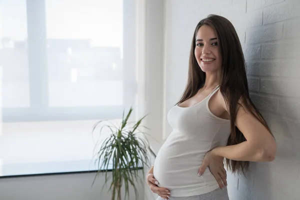 Young Beautiful Pregnant Woman Posing Window — Stock Photo, Image