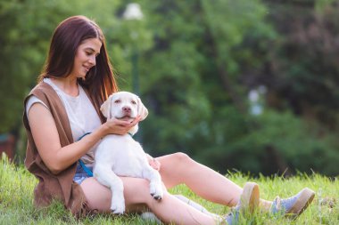 Genç bir kadın halka açık parkta şirin Labrador Retriever 'la oynuyor. Köpek en iyi arkadaş.