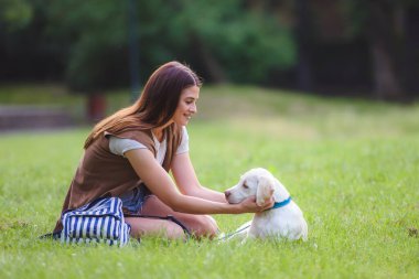 Güzel kız parkta labrador köpeğiyle eğleniyor.