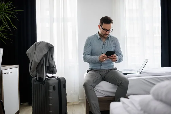 businessman working at hotel room