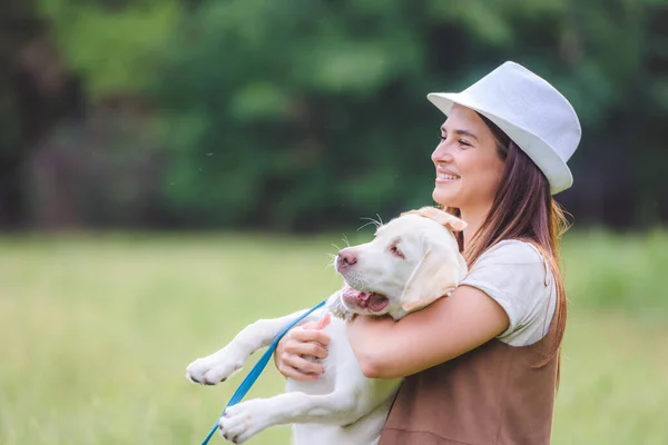 stock image young woman with her dog in the park 