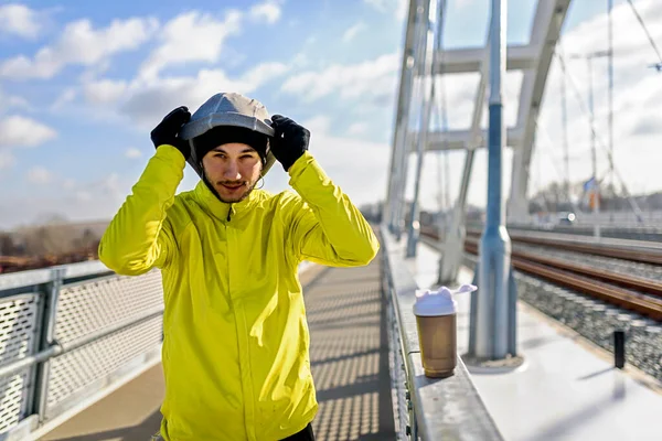 Portrait Young Athlete Man Windbreaker Preparing Exercise Sunny Winter Day — Stock Photo, Image