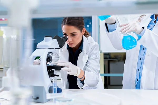 Jonge Vrouwelijke Wetenschappers Die Het Laboratorium Werken — Stockfoto