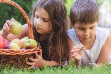 Abi ve kız kardeş elma dolu sepetle poz veriyorlar.